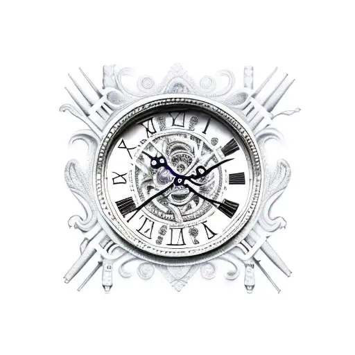 Clock with Roman numerals ans wolf tattoo design idea