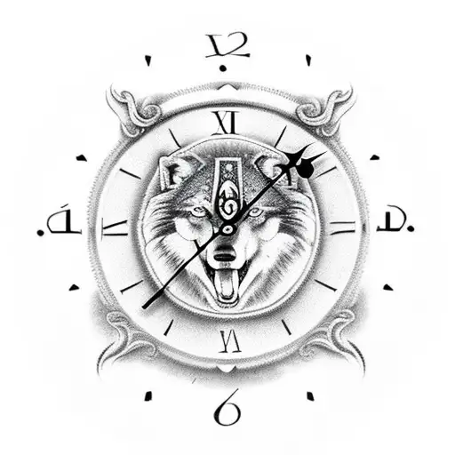 Clock with Roman numerals ans wolf tattoo design idea
