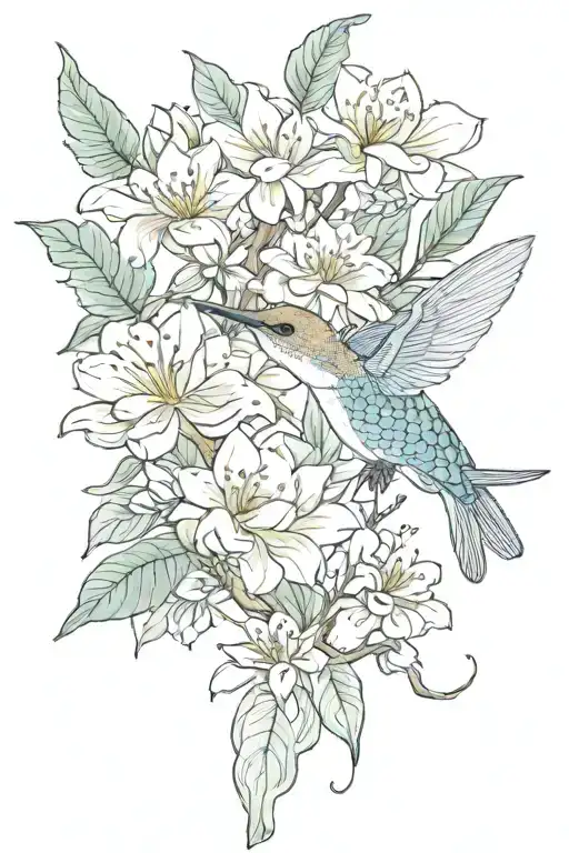 coy fish, magnolia tree, hummingbird, fairy, eyes tattoo design idea