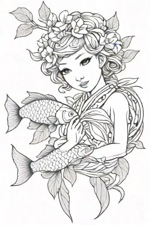 coy fish, magnolia tree, fairy, eyes tattoo design idea