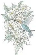 coy fish, magnolia tree, hummingbird, fairy, eyes tattoo design idea