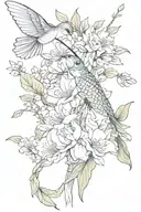 coy fish, magnolia tree, hummingbird, fairy, eyes tattoo design idea
