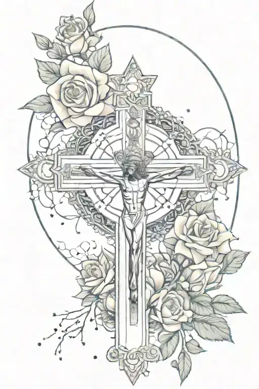 crucifix with mandala roses and constellation vibes tattoo design idea
