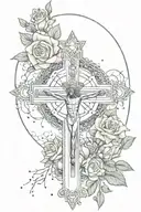 crucifix with mandala roses and constellation vibes tattoo design idea