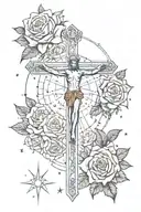 crucifix with mandala roses and constellation vibes tattoo design idea