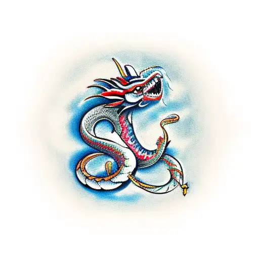 A traditional tattoo design incorporating a dragon, snake, horse, rooster, and rabbit tattoo design idea