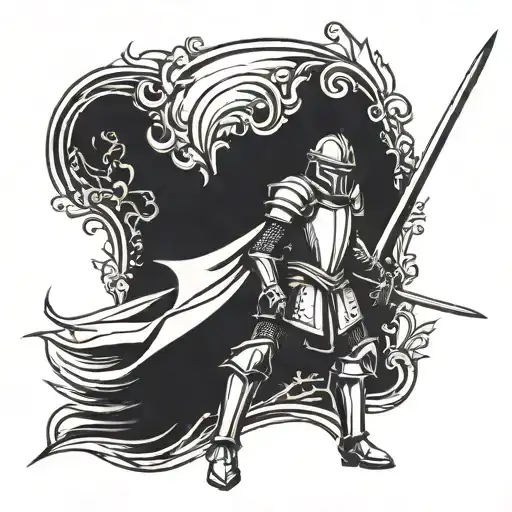 simple woodcut style ,medievail knight ,black and white ,sword pointed up ,3/4 full body ,stood straight up tattoo design idea