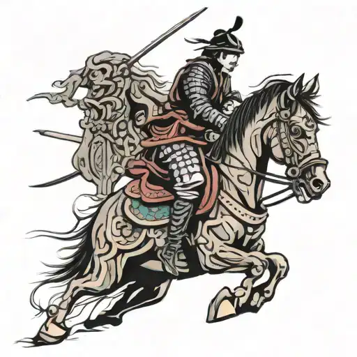 Samurai on horse jumping tattoo design idea