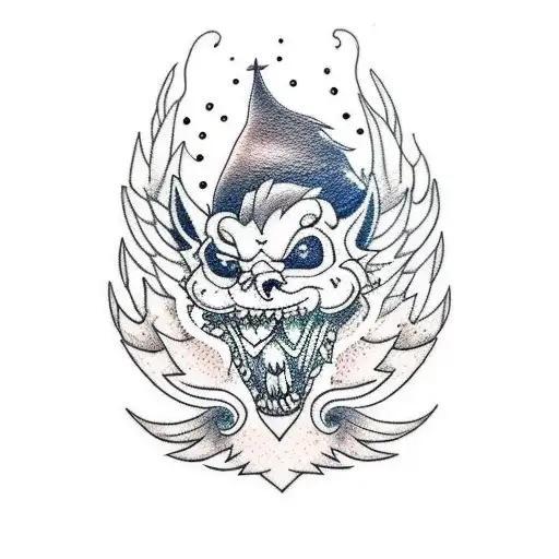 A dotwork tattoo of a Final Fantasy 10 creature riding a Harley Davidson motorcycle tattoo design idea