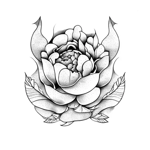 dark peony with many leaves black tattoo design idea