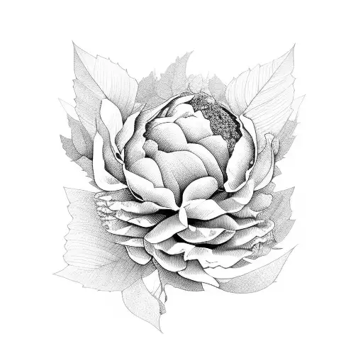 dark peony with many leaves black tattoo design idea