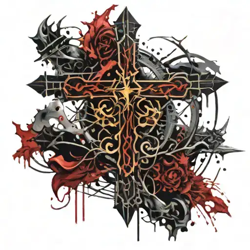 Dark black broke Satanic cross with horns, cracked and bleeding. dark black and blood red. golden cross. demonic tattoo design idea