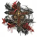 Dark black broke Satanic cross with horns, cracked and bleeding. dark black and blood red. golden cross. demonic tattoo design idea