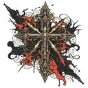 Dark black broke Satanic cross with horns, cracked and bleeding. dark black and blood red. golden cross. demonic tattoo design idea