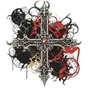 Dark black broke Satanic cross with horns, cracked and bleeding. dark black and blood red. golden cross. demonic tattoo design idea