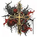 Dark black broke Satanic cross with horns, cracked and bleeding. dark black and blood red. golden cross. demonic tattoo design idea