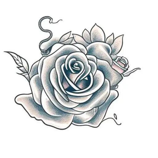 calm snake around a rose with a branch tattoo design idea