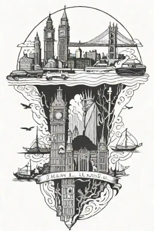 A blackwork tattoo of iconic landmarks from both London and Liverpool merging together in a surreal composition tattoo design idea