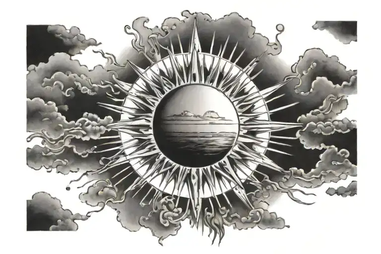 a realistic sun in a sky shining down  tattoo design idea
