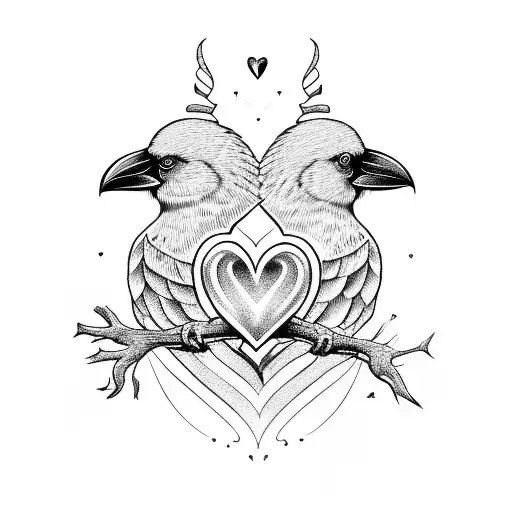 2 crows with love heart tattoo design idea