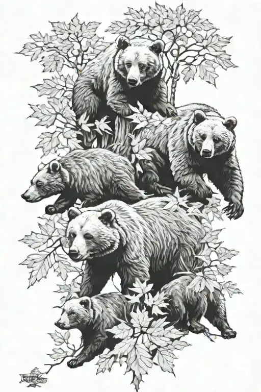3 bears surrounded by maple tattoo design idea
