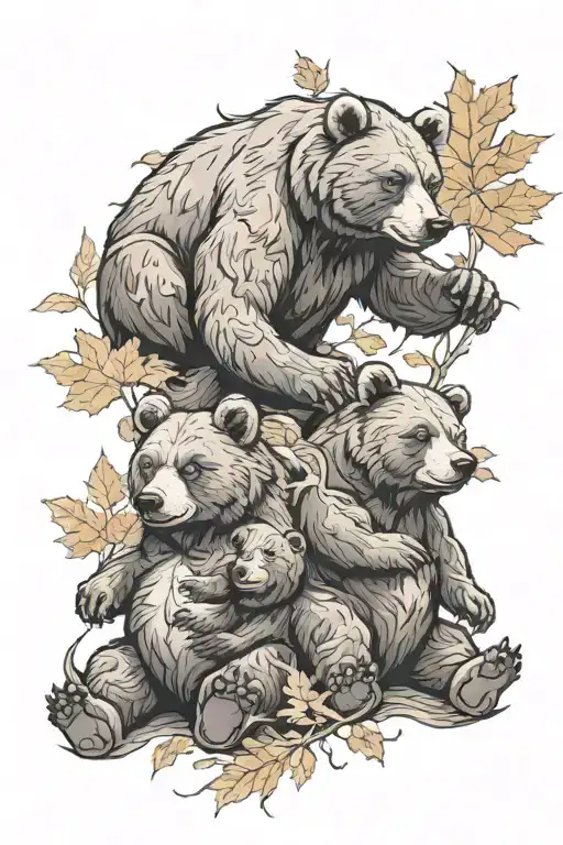 3 bears surrounded by maple tattoo design idea