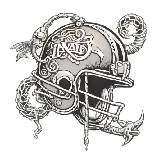 A black-grey tattoo of a Notre Dame football helmet with a fishing hook and line wrapped around it, combining the client's passions in a unique design tattoo design idea