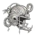 A black-grey tattoo of a Notre Dame football helmet with a fishing hook and line wrapped around it, combining the client's passions in a unique design tattoo design idea