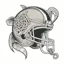 A black-grey tattoo of a Notre Dame football helmet with a fishing hook and line wrapped around it, combining the client's passions in a unique design tattoo design idea