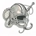 A black-grey tattoo of a Notre Dame football helmet with a fishing hook and line wrapped around it, combining the client's passions in a unique design tattoo design idea