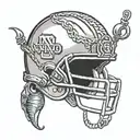 A black-grey tattoo of a Notre Dame football helmet with a fishing hook and line wrapped around it, combining the client's passions in a unique design tattoo design idea