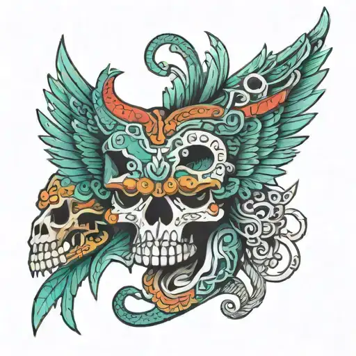 Quetzalcoatl and Tezcatlipoca, half animal skull tattoo design idea