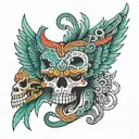 Quetzalcoatl and Tezcatlipoca, half animal skull tattoo design idea
