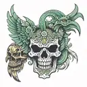 Quetzalcoatl and Tezcatlipoca, half animal skull tattoo design idea