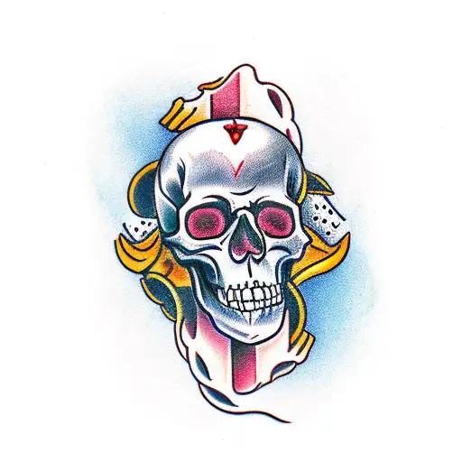 skull blindfolded with balanced scales tattoo design idea