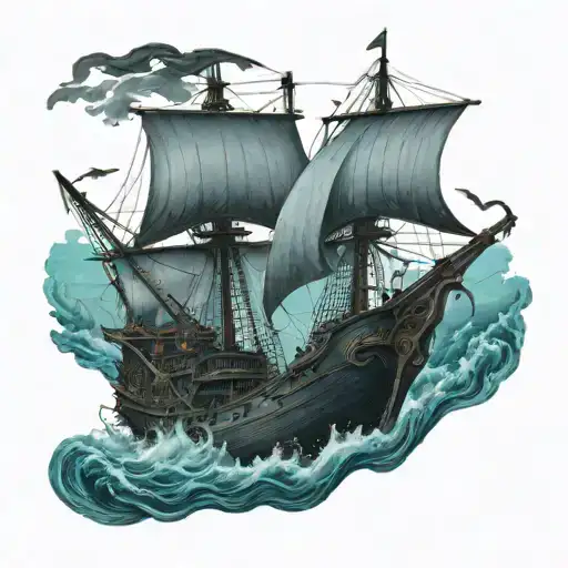 grimreaper below sucking ship, ocean, old ship with sails, blackhole, man overboard tattoo design idea