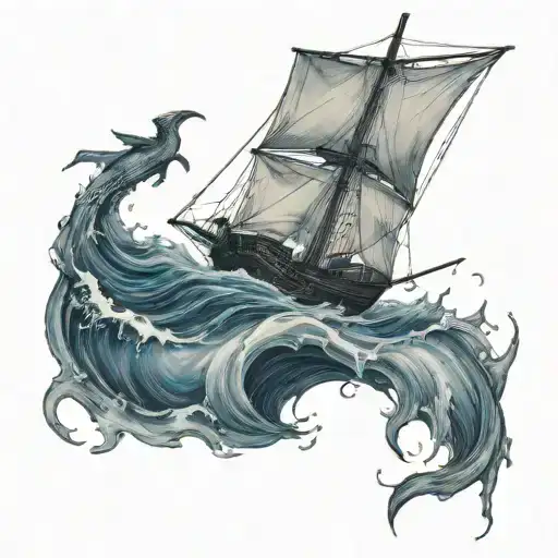 grimreaper below the surface, ocean, old ship with sails, blackhole, man overboard tattoo design idea