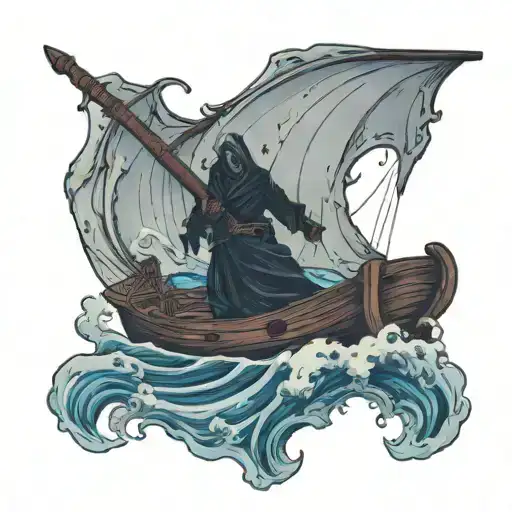 grimreaper below the surface, ocean, old ship with sails, blackhole, man in water tattoo design idea