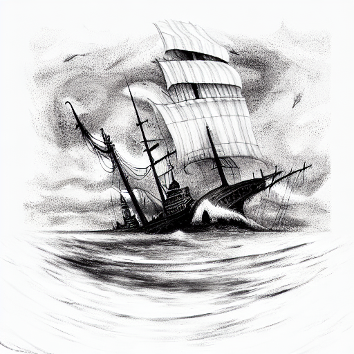 man-of-war ship in dark stormy seas with  huge grim reaper in the water tattoo design idea