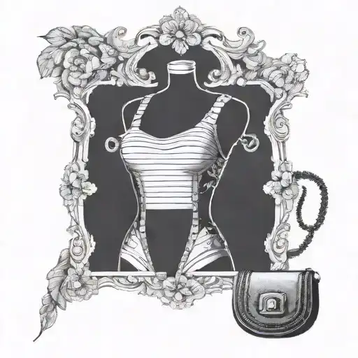 A mannequin that is a metal frame holding a vintage purse. Add a measuring tape around the silhouette of the mannequin.  tattoo design idea