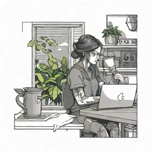 coffee shop, grayscale, plants, laptop, woman, 8bit, window, cozy tattoo design idea