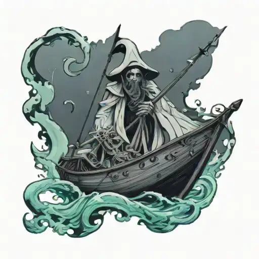 grimreaper below the surface, ocean, old ship with sails, blackhole, man in water tattoo design idea