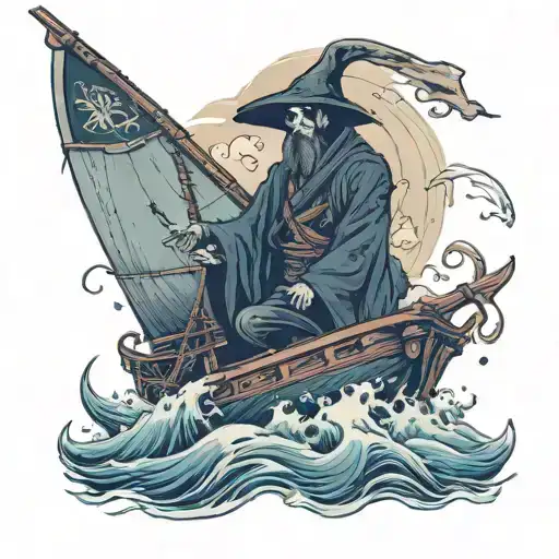 grimreaper below the surface, ocean, old ship with sails, blackhole, man overboard tattoo design idea