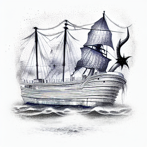 man-of-war ship in dark stormy seas with  huge grim reaper in the water tattoo design idea