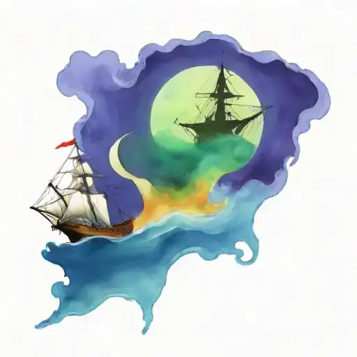 grimreaper below sucking ship, ocean, old ship with sails, blackhole, man overboard tattoo design idea