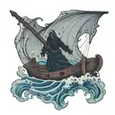 grimreaper below the surface, ocean, old ship with sails, blackhole, man in water tattoo design idea