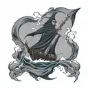grimreaper below the surface, ocean, old ship with sails, blackhole, man in water tattoo design idea