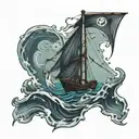 grimreaper below the surface, ocean, old ship with sails, blackhole, man in water tattoo design idea