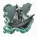 grimreaper below the surface, ocean, old ship with sails, blackhole, man in water tattoo design idea