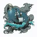 grimreaper below the surface, ocean, old ship with sails, blackhole, man in water tattoo design idea